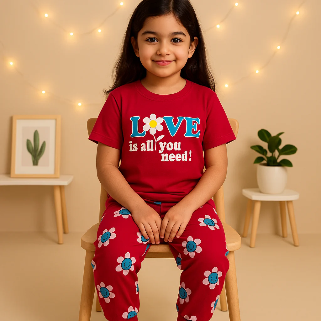 Girls Half-Sleeves T-Shirt & Short Set Love Dark Pink - Mini Charm - Image 2