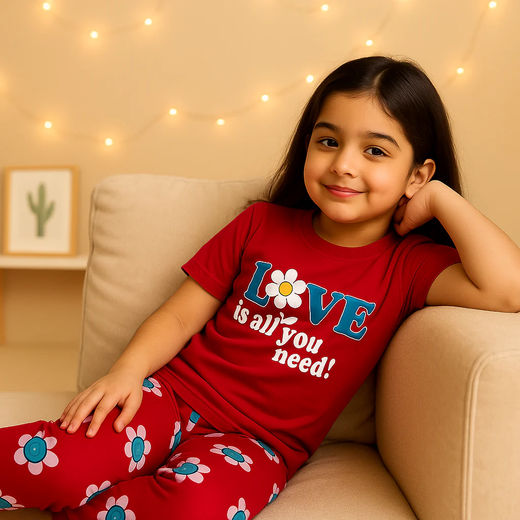 Girls Half-Sleeves T-Shirt & Short Set Love Dark Pink - Mini Charm - Image 4