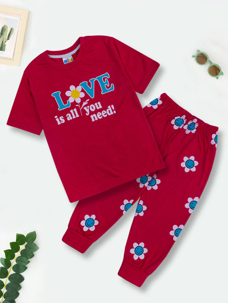 Girls Half-Sleeves T-Shirt & Short Set Love Dark Pink - Mini Charm - Image 5