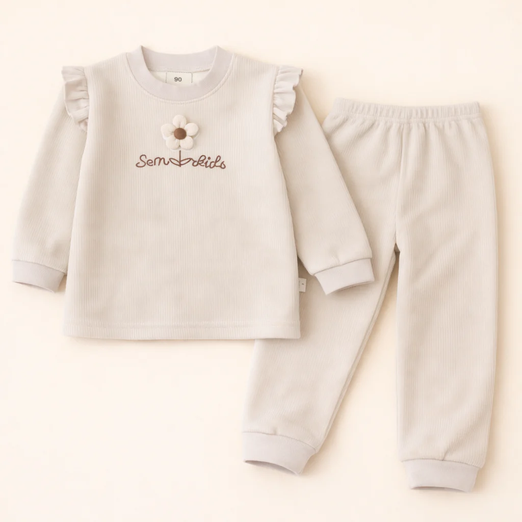 Girls Ribbed Top & Bottom Set Flower Beige - Sunshine