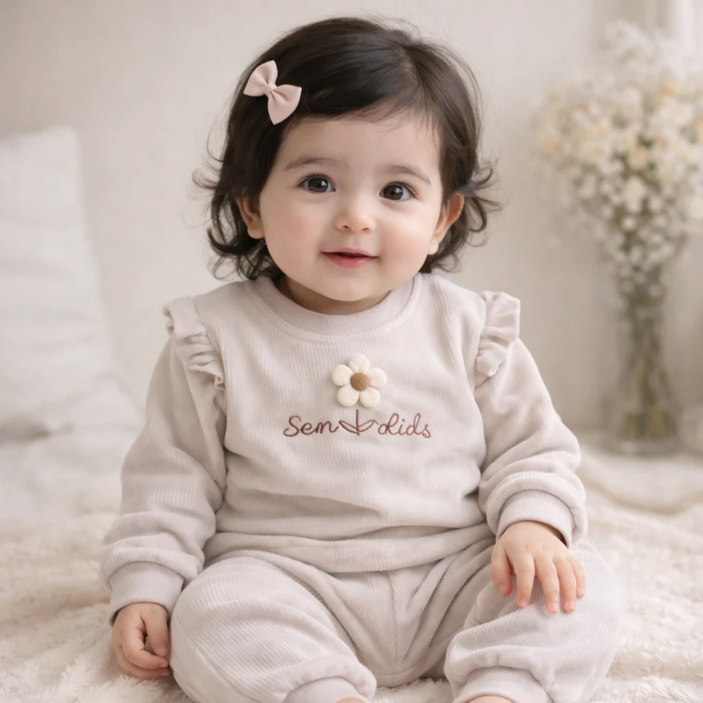 Girls Ribbed Top & Bottom Set Flower Beige - Sunshine - Image 2
