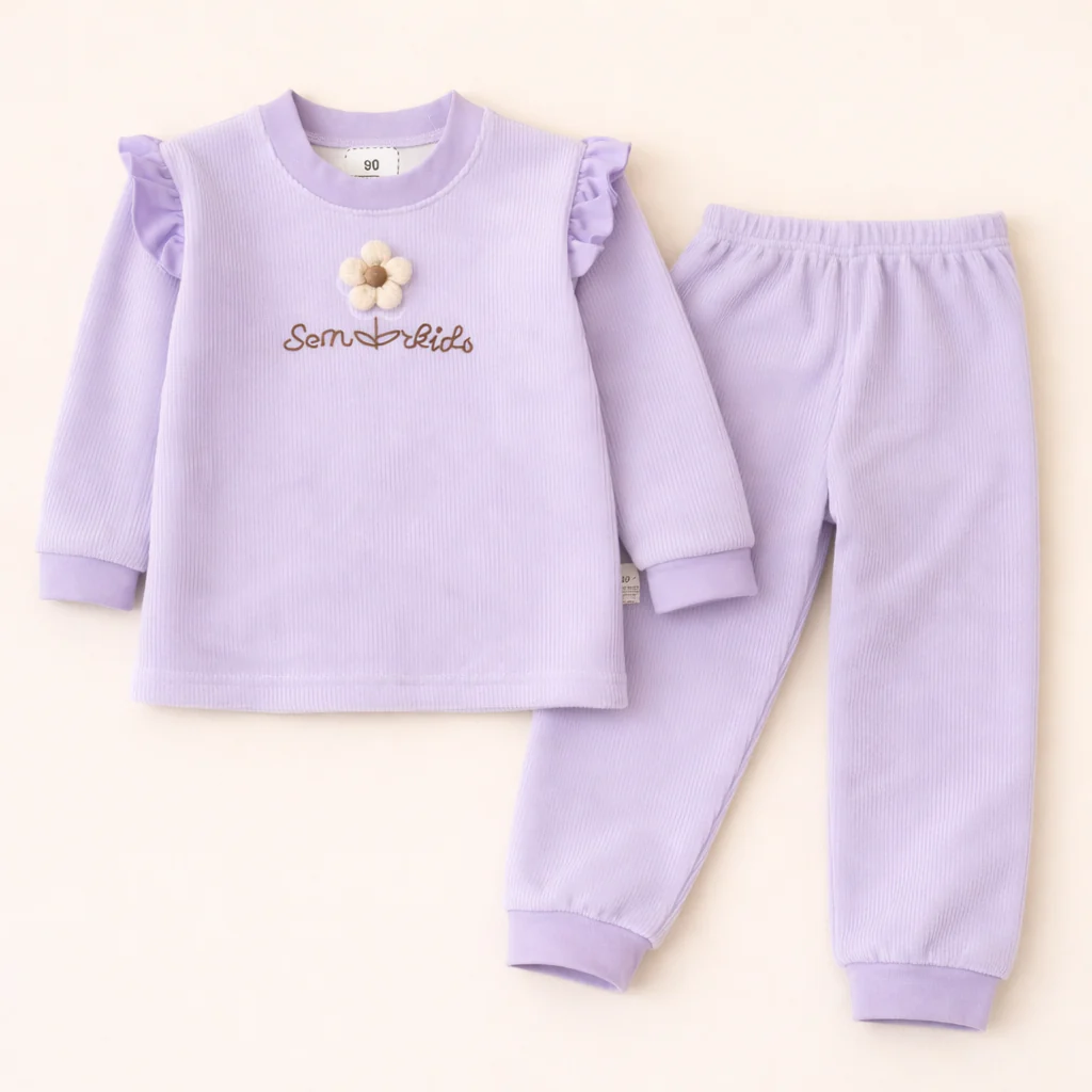 Girls Ribbed Top & Bottom Set Flower Purple - Sunshine