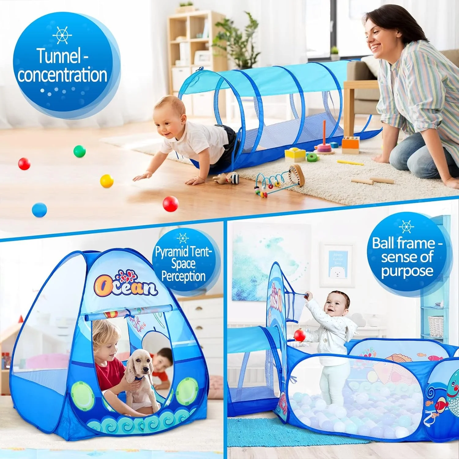 Infantes 3Pc Ball Pit For Toddlers With Kids Play Tent Baby Tunnel - Image 3
