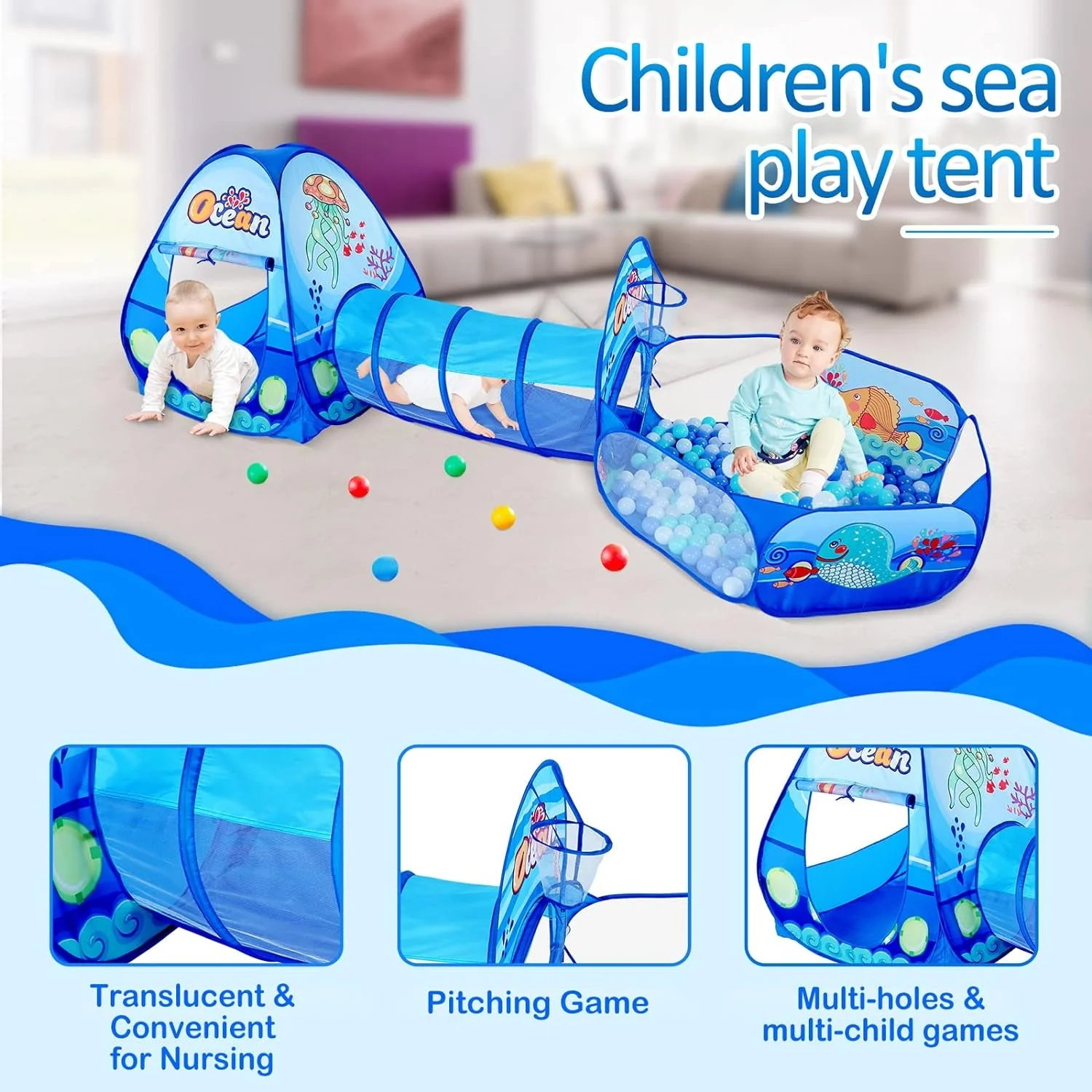 Infantes 3Pc Ball Pit For Toddlers With Kids Play Tent Baby Tunnel - Image 6