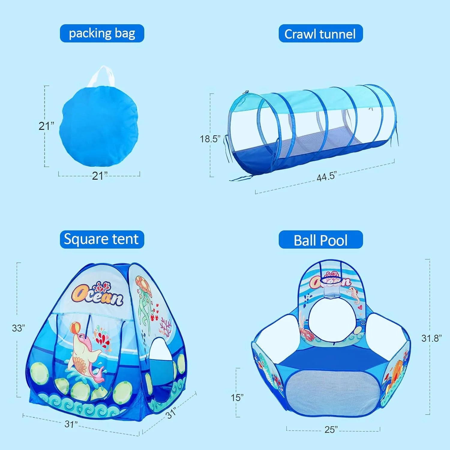 Infantes 3Pc Ball Pit For Toddlers With Kids Play Tent Baby Tunnel - Image 7