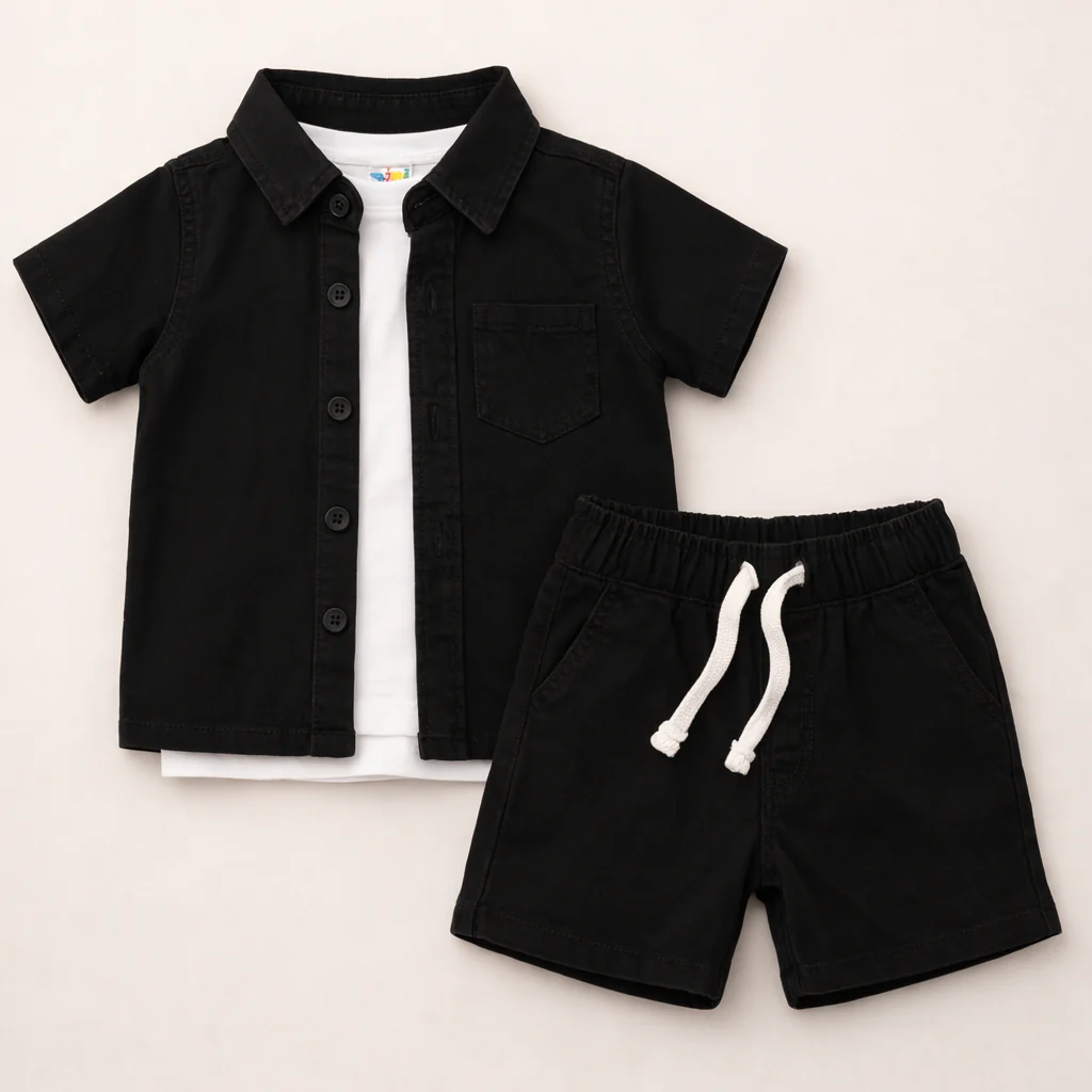 Kids 3pcs Jeans Shirt & Short Set Black - Oolaa