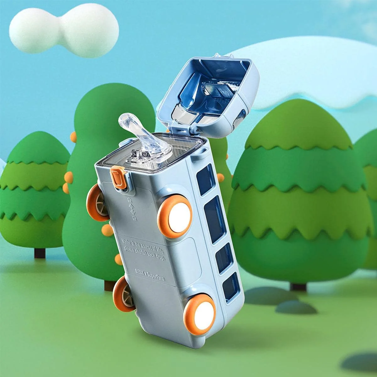 Kids Bus Shaped Straw Water Bottle Blue - Sunshine