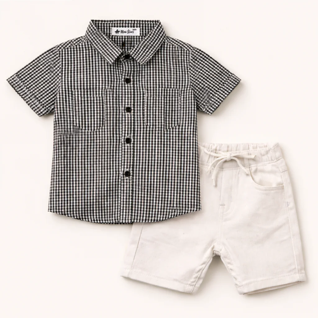 Kids Casual Shirt & Short Set Check Black - Oolaa