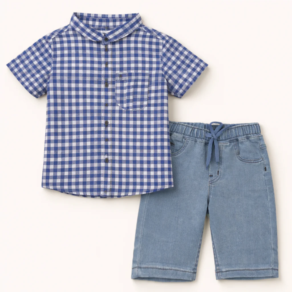 Kids Casual Shirt & Short Set Check Blue - Oolaa