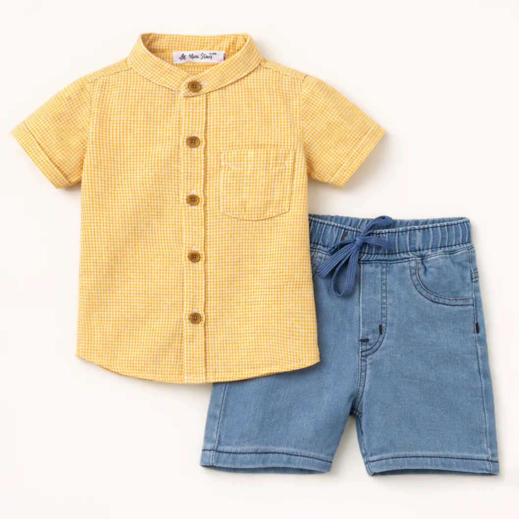 Kids Casual Shirt & Short Set Check Orange - Oolaa