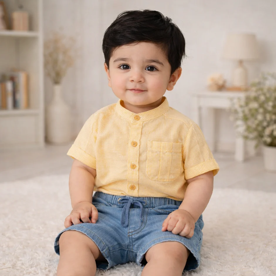 Kids Casual Shirt & Short Set Check Orange - Oolaa - Image 2