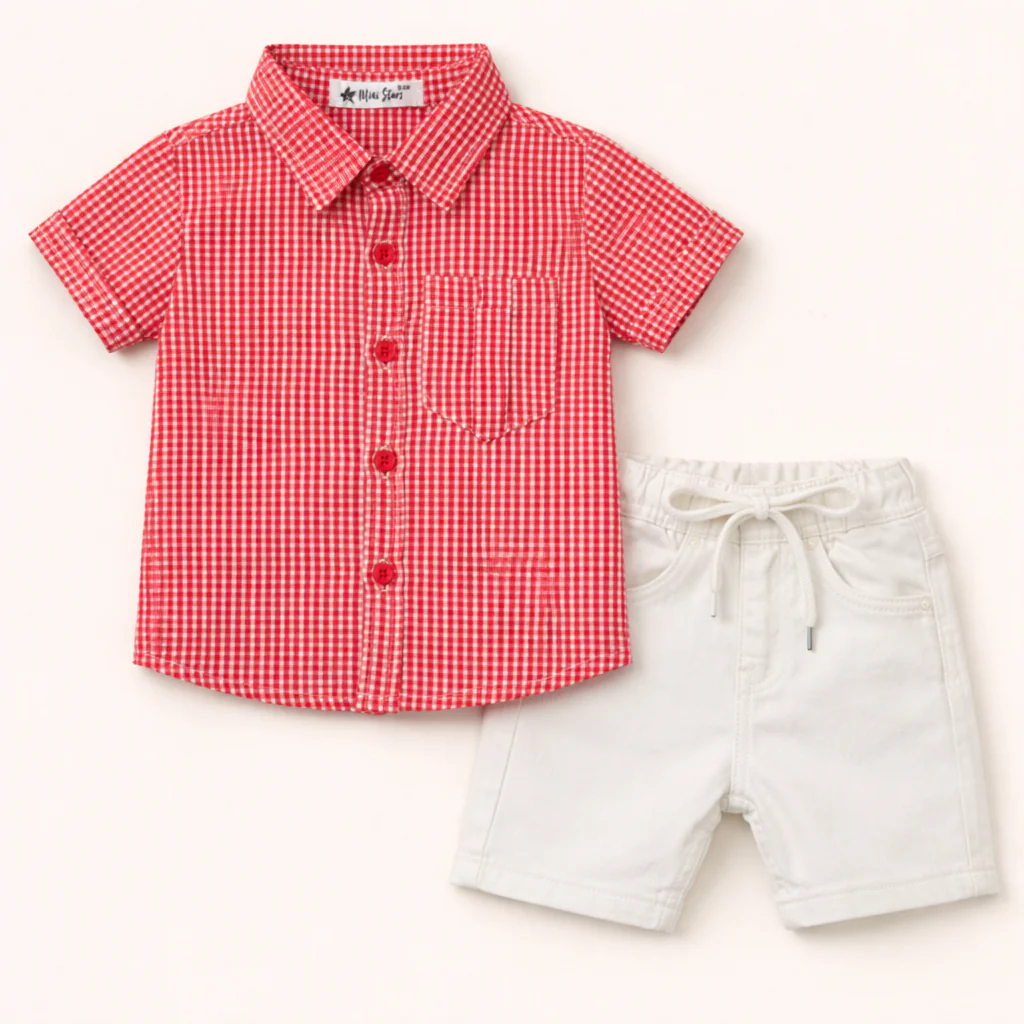 Kids Casual Shirt & Short Set Check Red - Oolaa