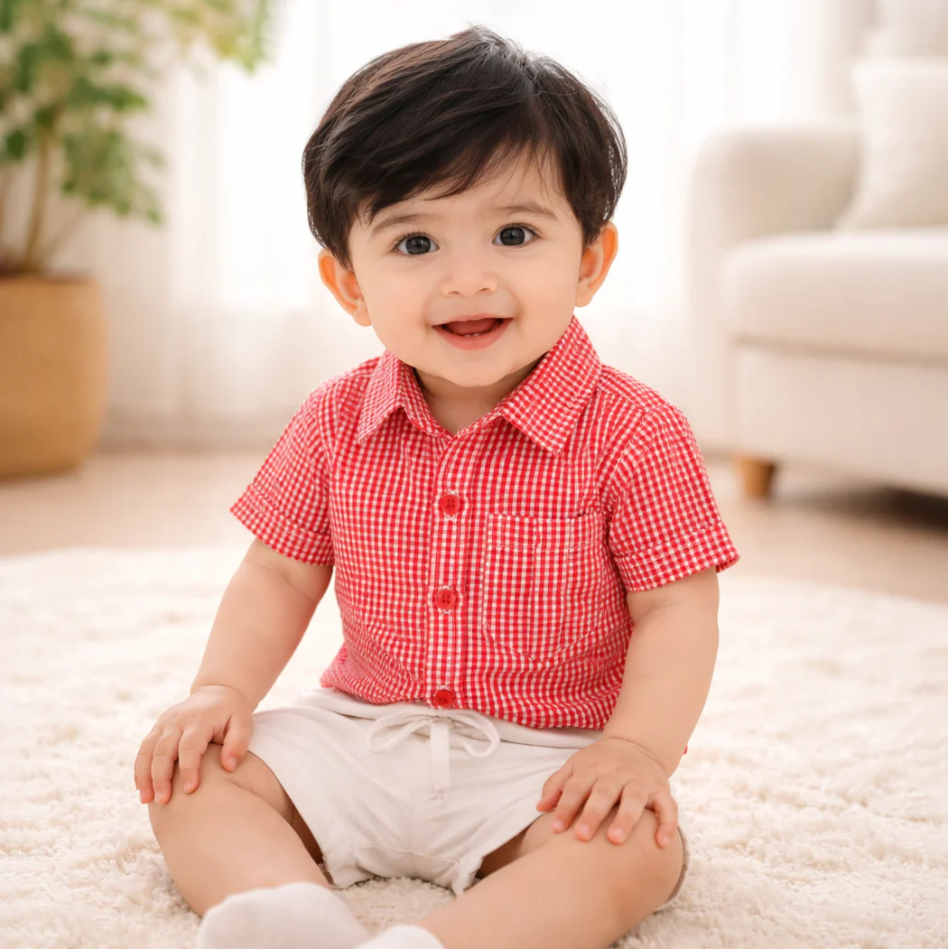 Kids Casual Shirt & Short Set Check Red - Oolaa - Image 2