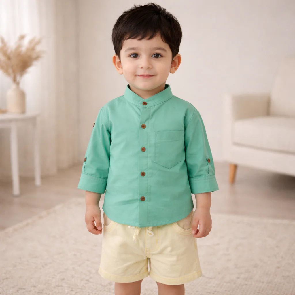 Kids Casual Shirt & Short Set Green - Oolaa - Image 2