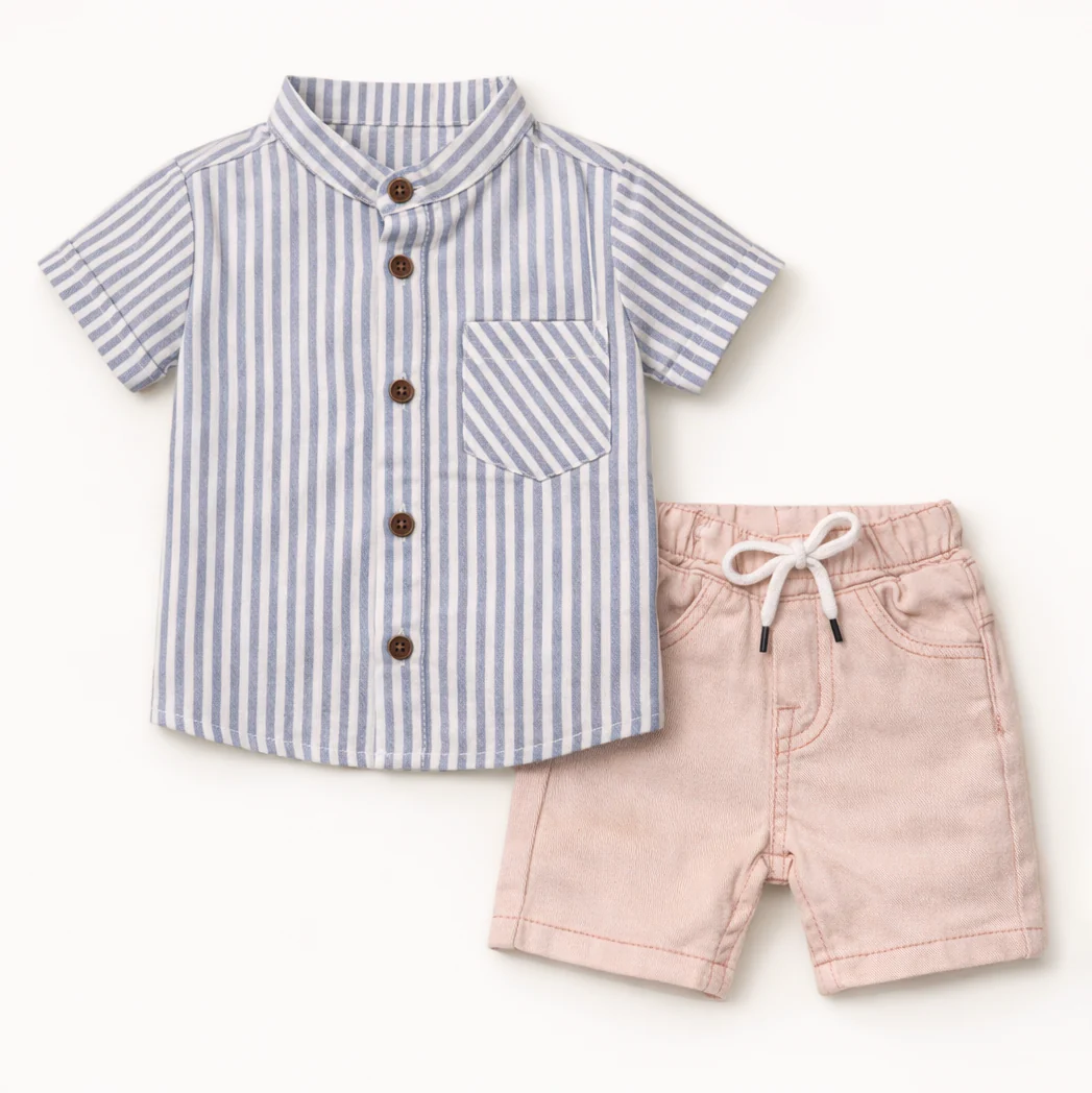 Kids Casual Shirt & Short Set Stripes Blue - Oolaa