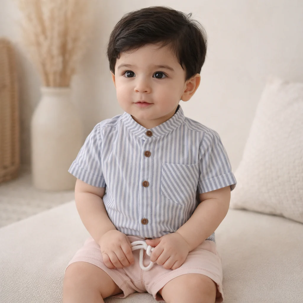 Kids Casual Shirt & Short Set Stripes Blue - Oolaa - Image 2