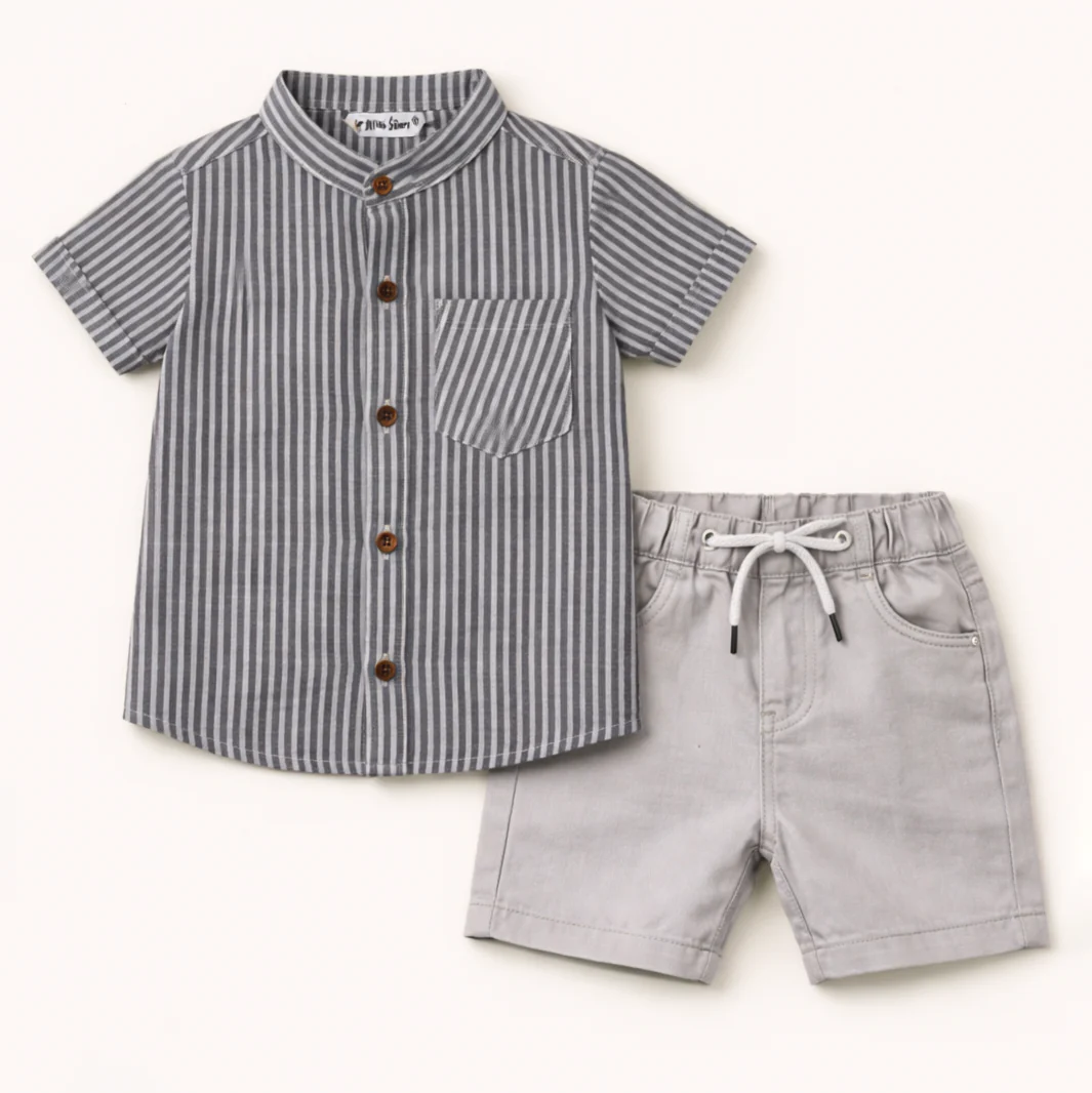 Kids Casual Shirt & Short Set Stripes Grey - Oolaa