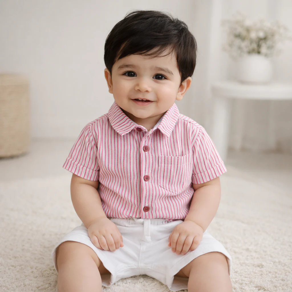 Kids Casual Shirt & Short Set Stripes Pink - Oolaa - Image 2