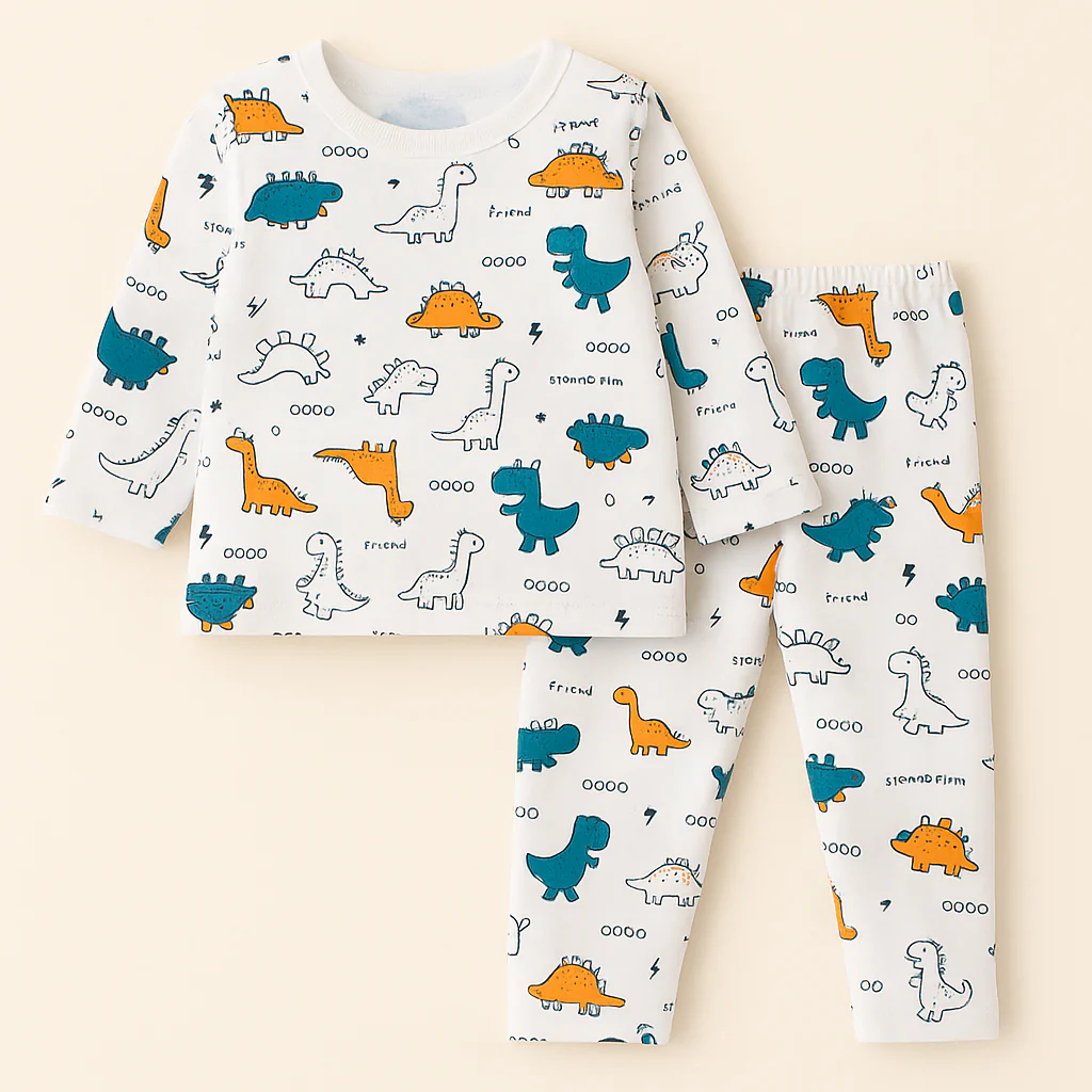 Kids Cotton Full-Sleeves Pajama Set Dino White - Mini Charm