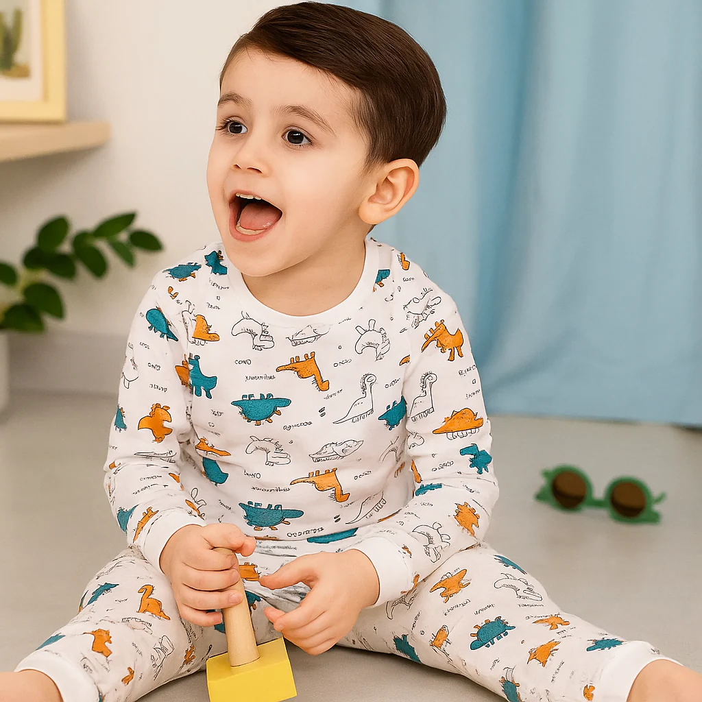 Kids Cotton Full-Sleeves Pajama Set Dino White - Mini Charm - Image 4