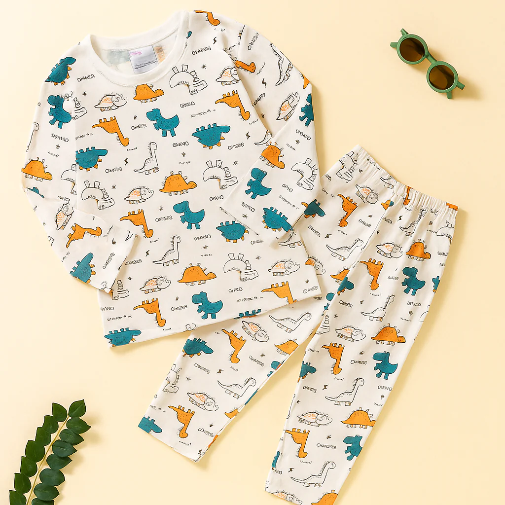 Kids Cotton Full-Sleeves Pajama Set Dino White - Mini Charm - Image 6