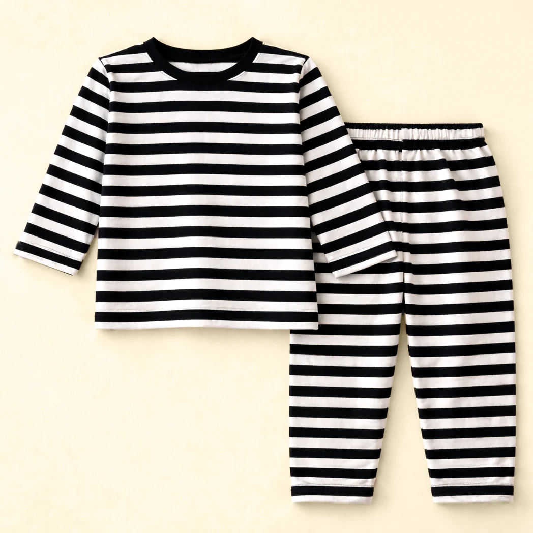 Kids Cotton Pajama Set Stripes Black - Mini Charm