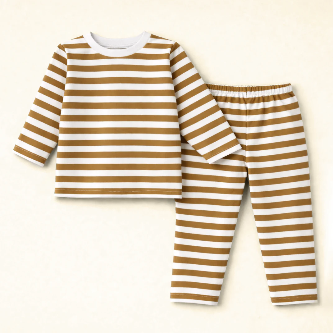 Kids Cotton Pajama Set Stripes Brown - Mini Charm