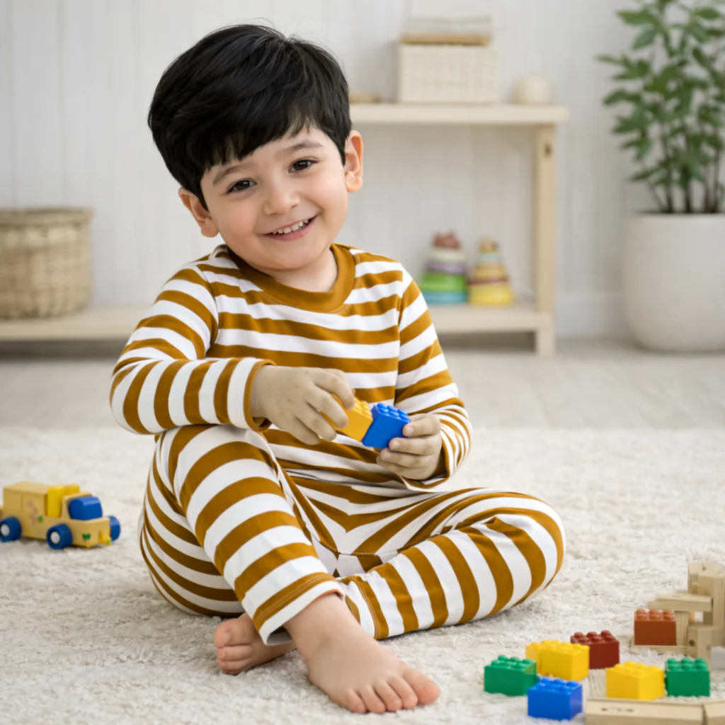 Kids Cotton Pajama Set Stripes Brown - Mini Charm - Image 3