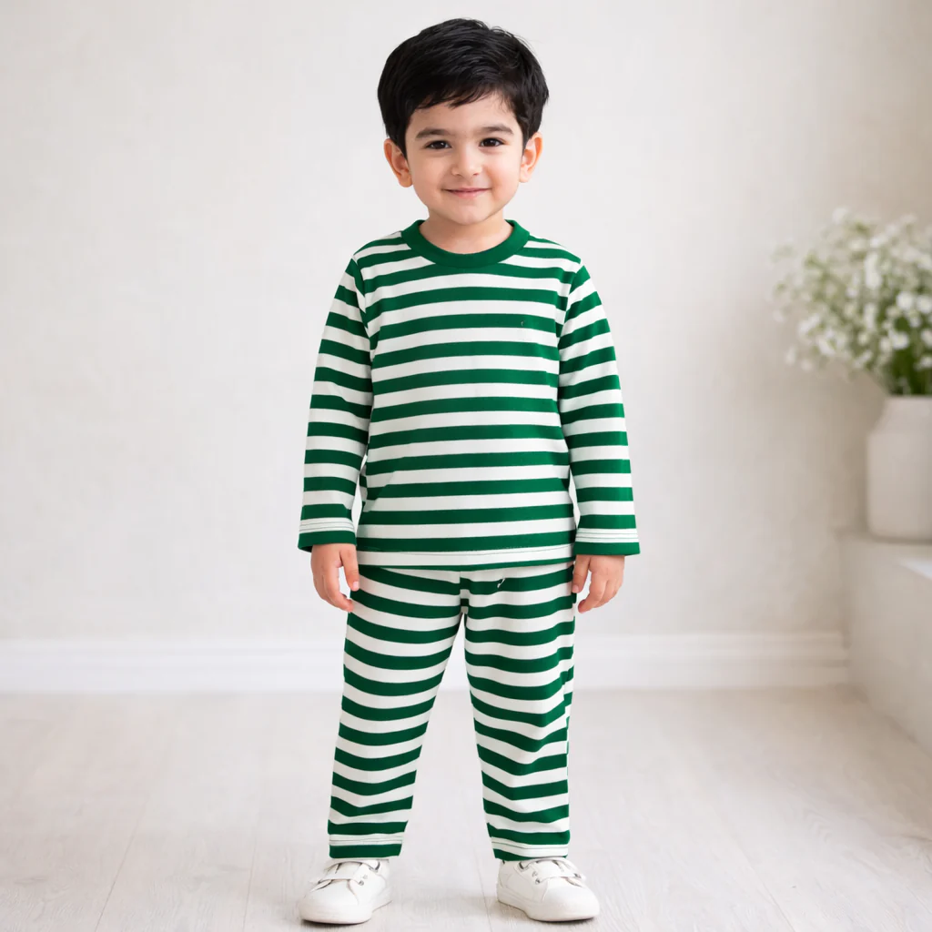 Kids Cotton Pajama Set Stripes Green - Mini Charm - Image 2