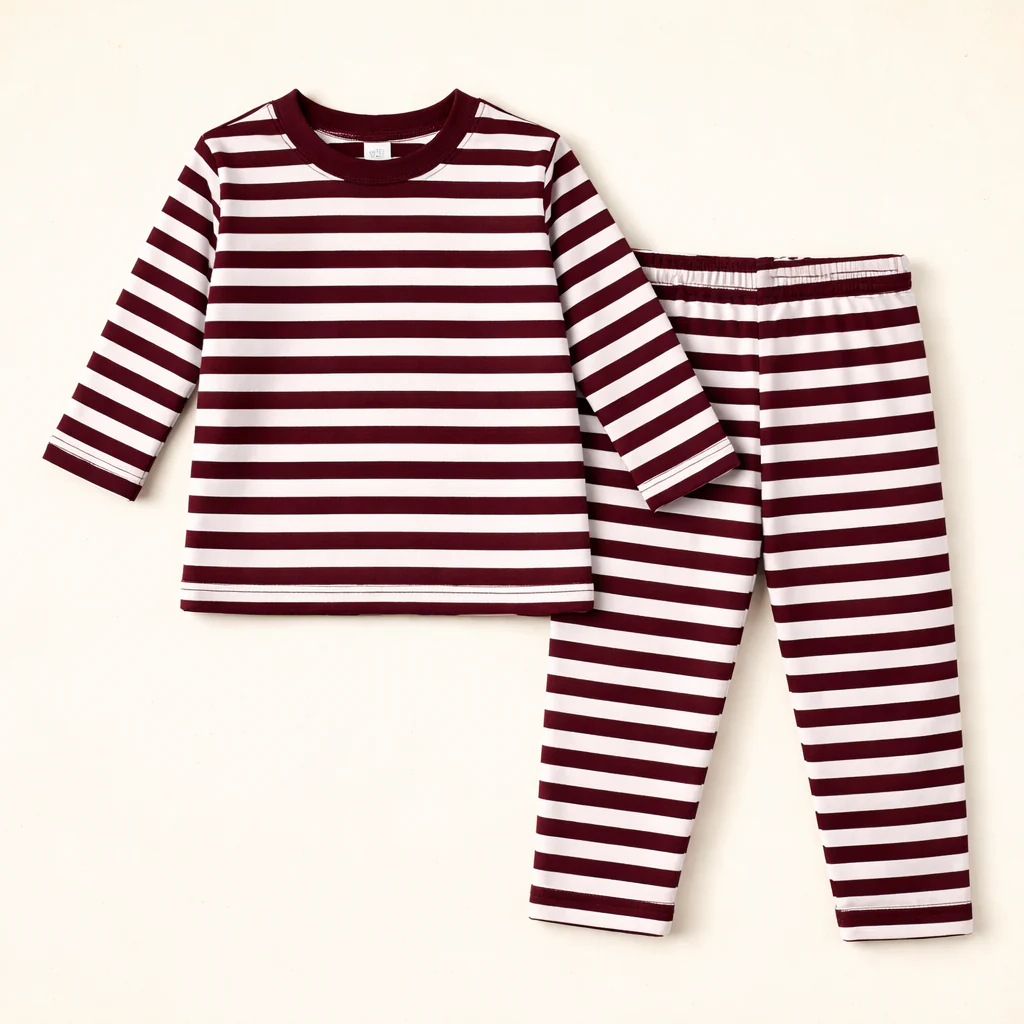Kids Cotton Pajama Set Stripes Maroon - Mini Charm