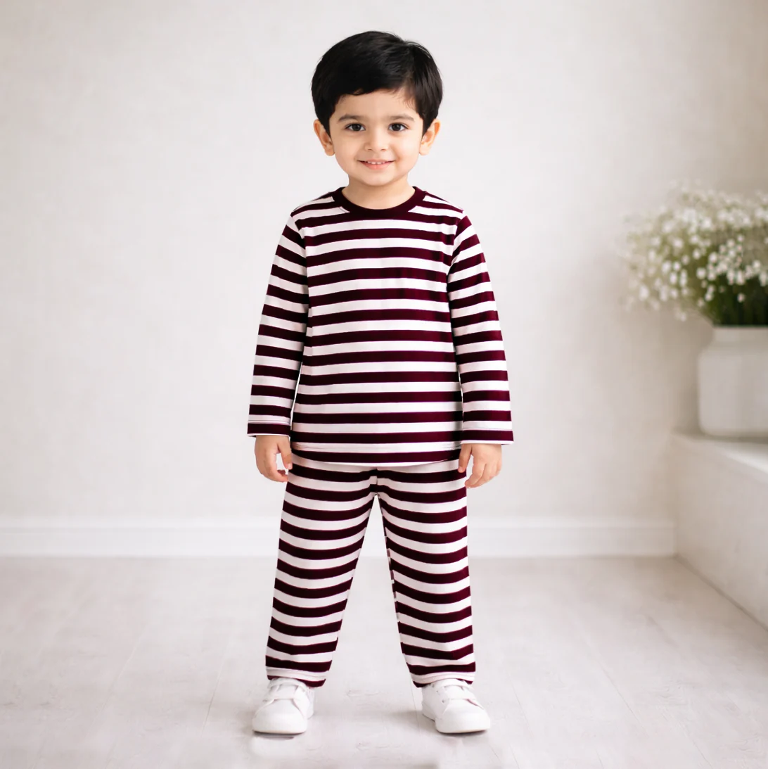 Kids Cotton Pajama Set Stripes Maroon - Mini Charm - Image 2
