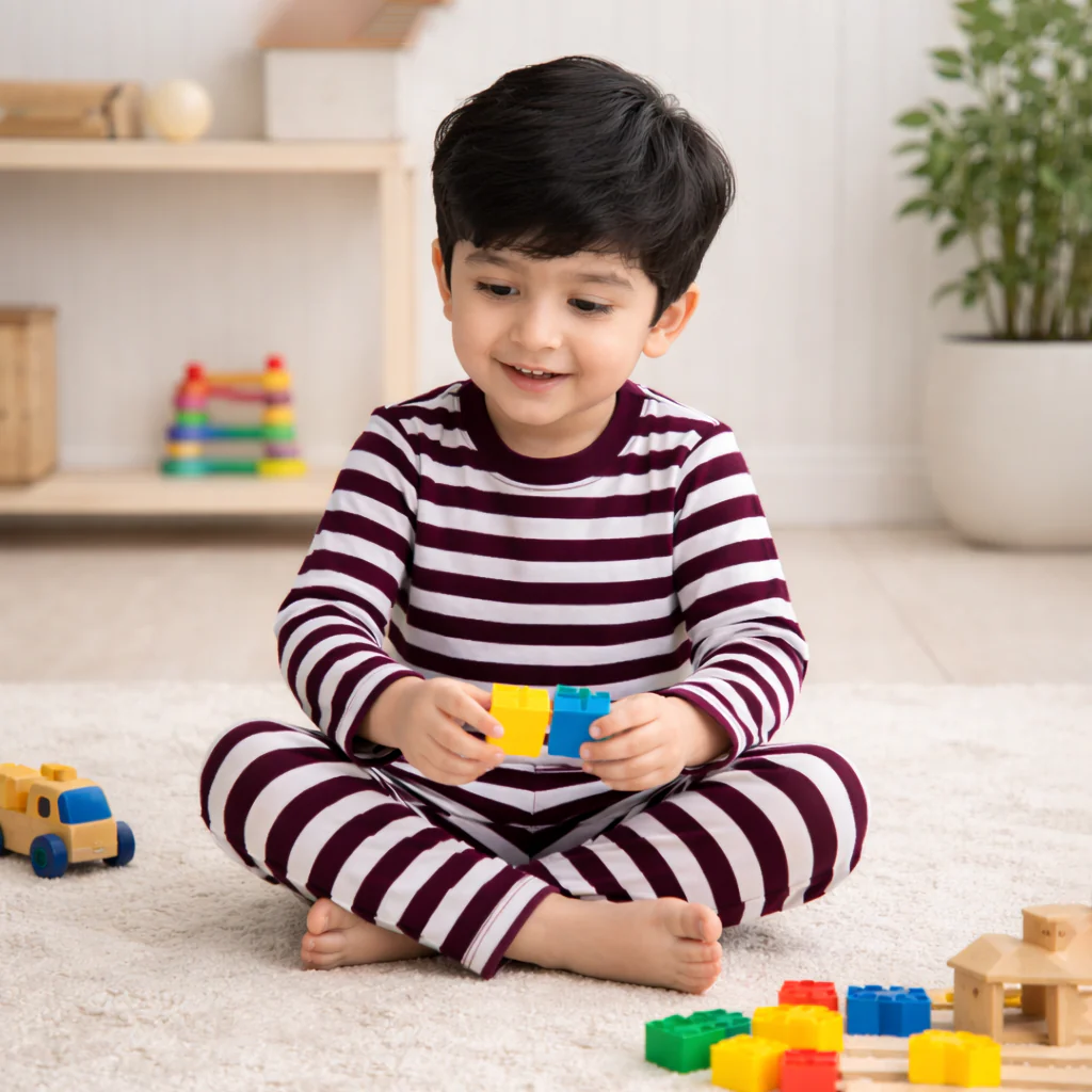 Kids Cotton Pajama Set Stripes Maroon - Mini Charm - Image 3