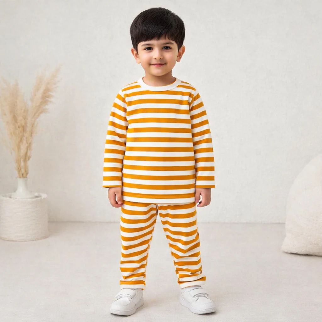 Kids Cotton Pajama Set Stripes Mustard - Mini Charm - Image 2