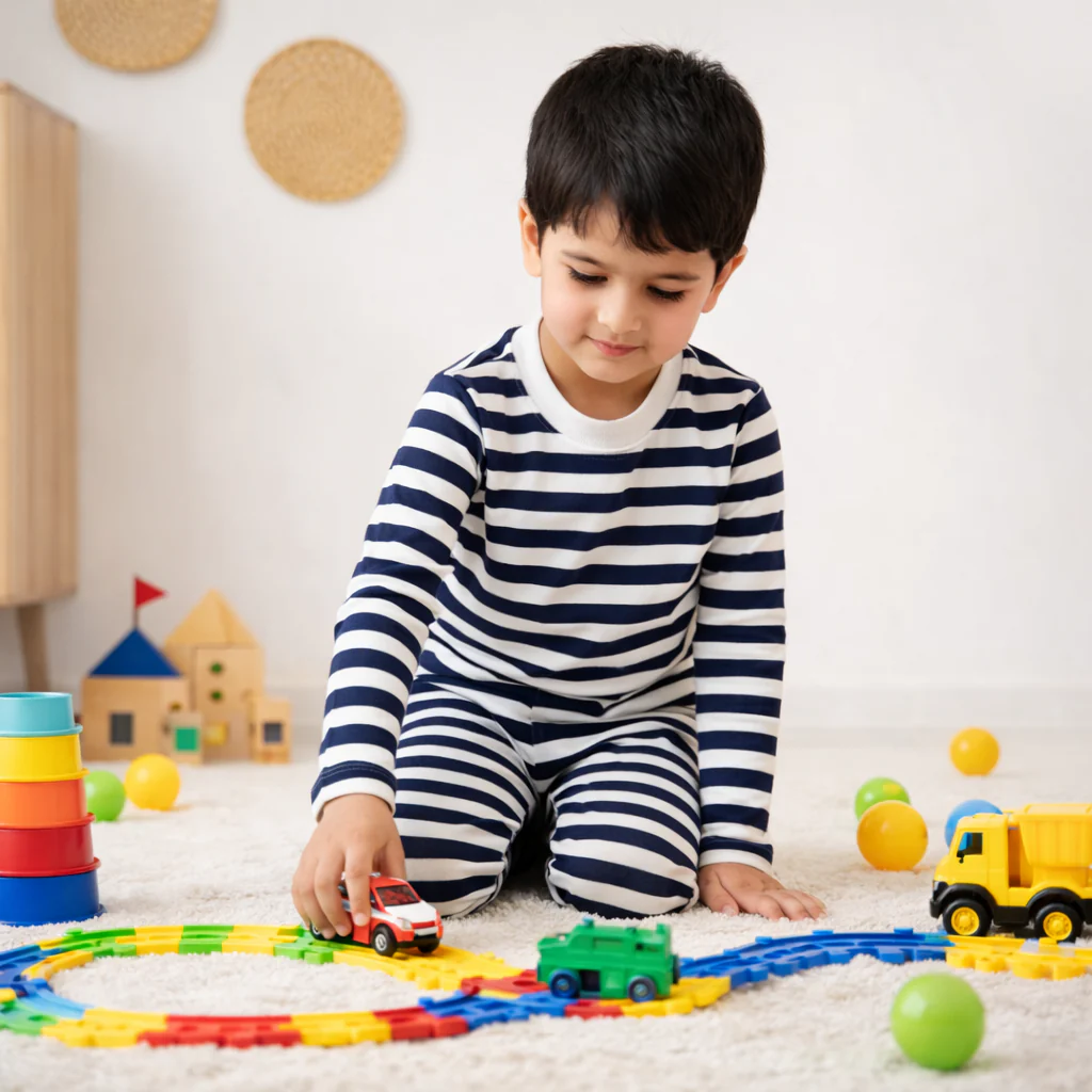 Kids Cotton Pajama Set Stripes Navy Blue - Mini Charm - Image 2