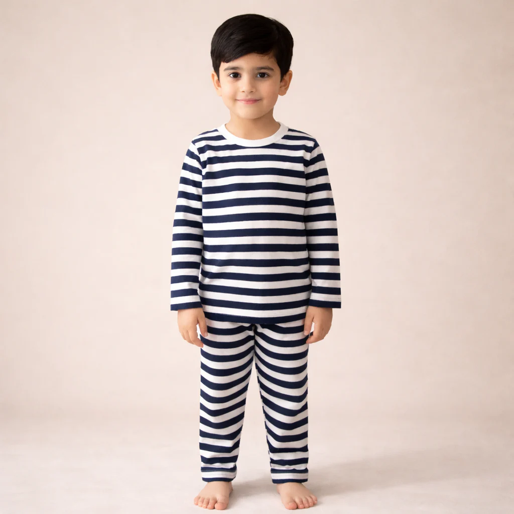 Kids Cotton Pajama Set Stripes Navy Blue - Mini Charm - Image 4
