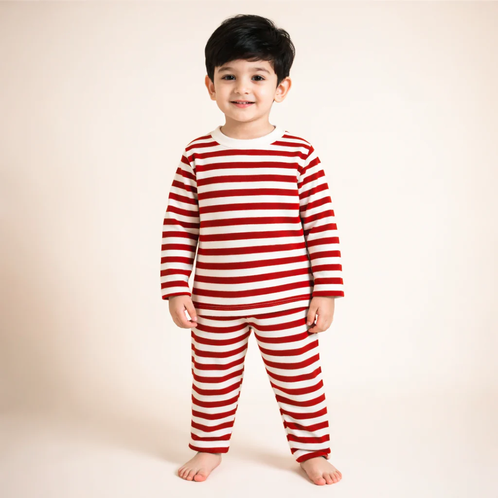 Kids Cotton Pajama Set Stripes Red - Mini Charm - Image 2
