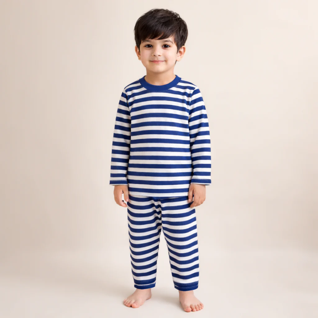 Kids Cotton Pajama Set Stripes Royal Blue - Mini Charm - Image 2