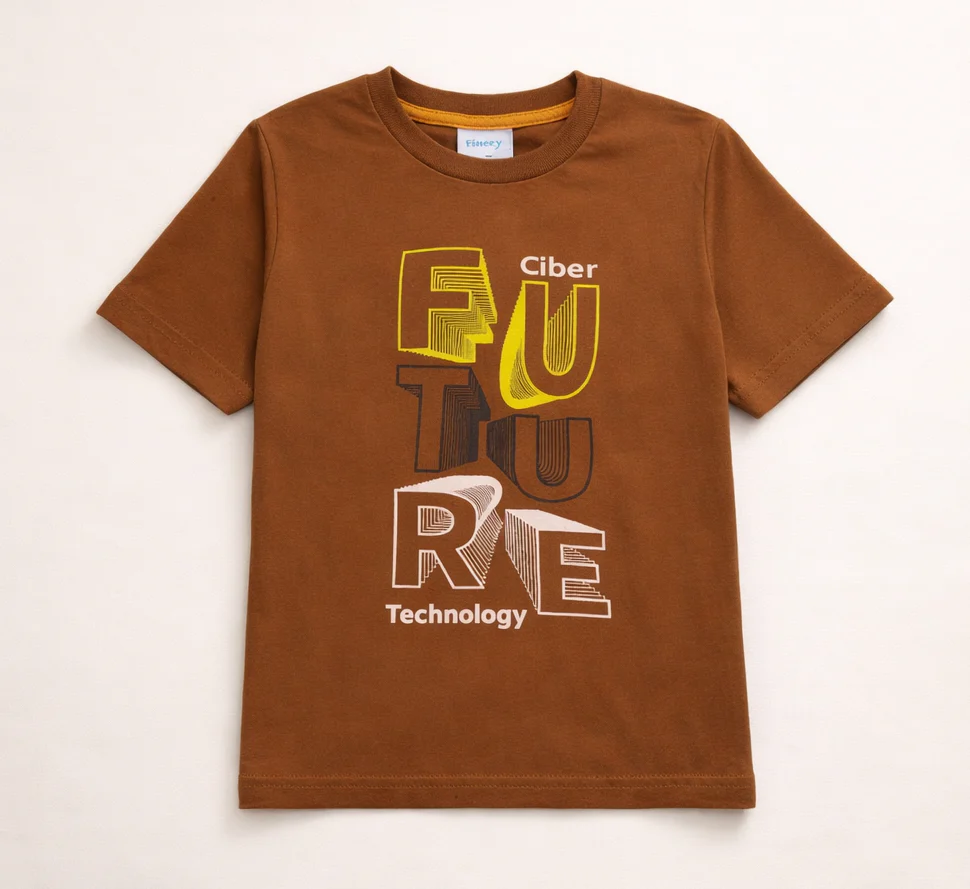 Kids Cotton T Shirt Ciber Future Brown - Mini Champ