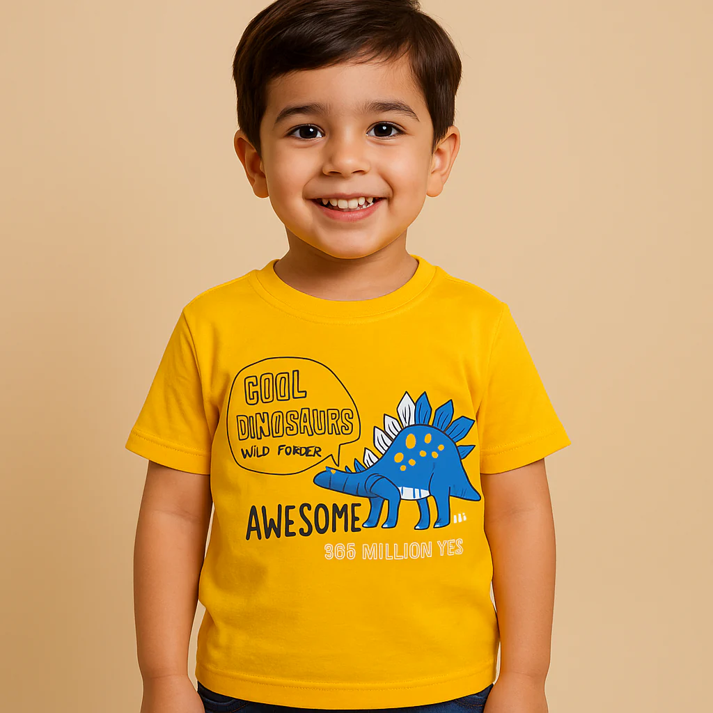 Kids Cotton T-Shirt Dinosaur Yellow - Mini Champ