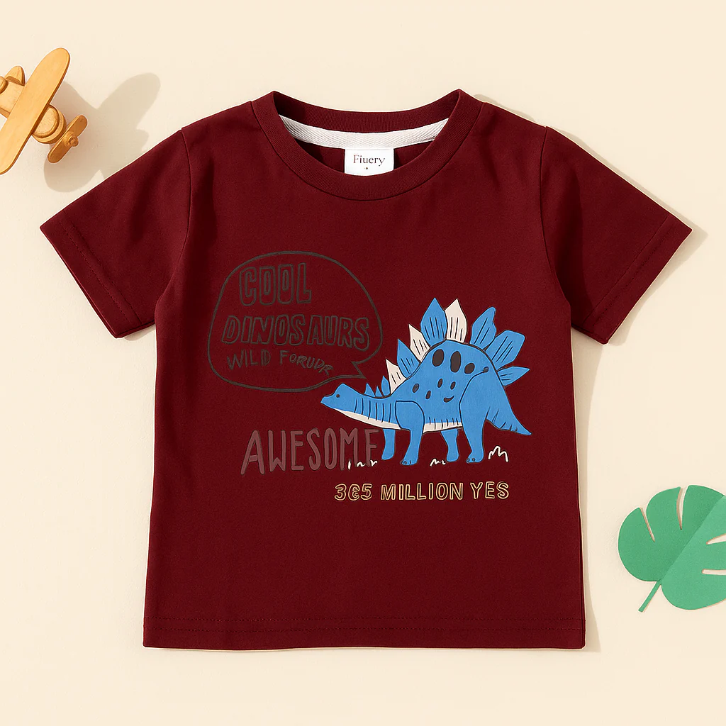 Kids Cotton T-Shirt Dinosaurs Maroon - Mini Champ - Image 2