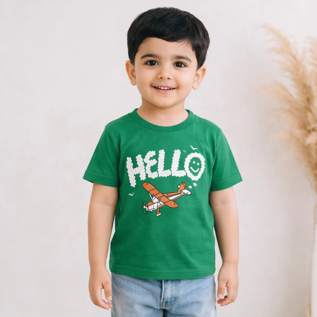Kids Cotton T-Shirt Hello Sea Green - Mini Champ - Image 2