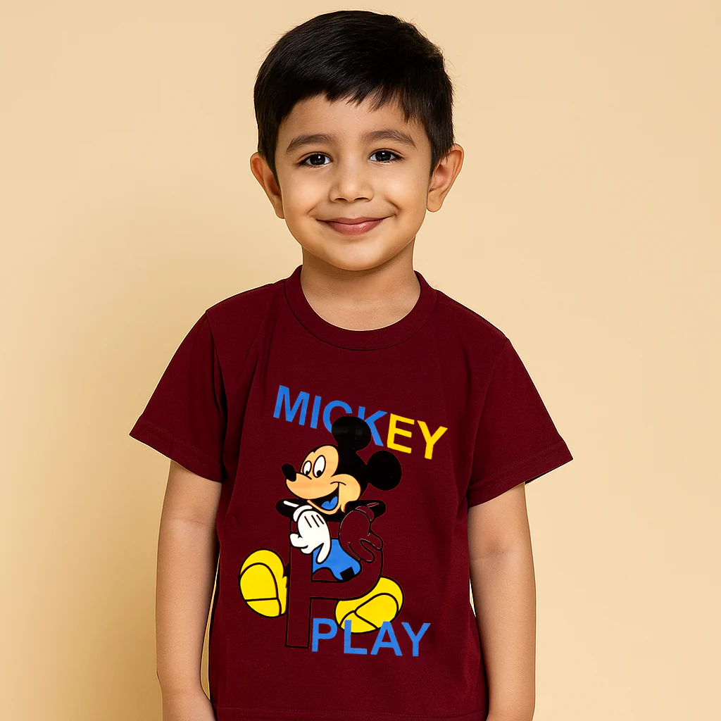 Kids Cotton T-Shirt Mickey Mouse Maroon - Mini Champ