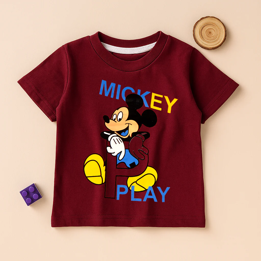 Kids Cotton T-Shirt Mickey Mouse Maroon - Mini Champ - Image 2