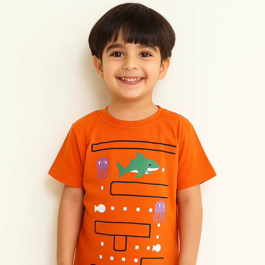 Kids Cotton T-Shirt Shark Orange - Mini Champ