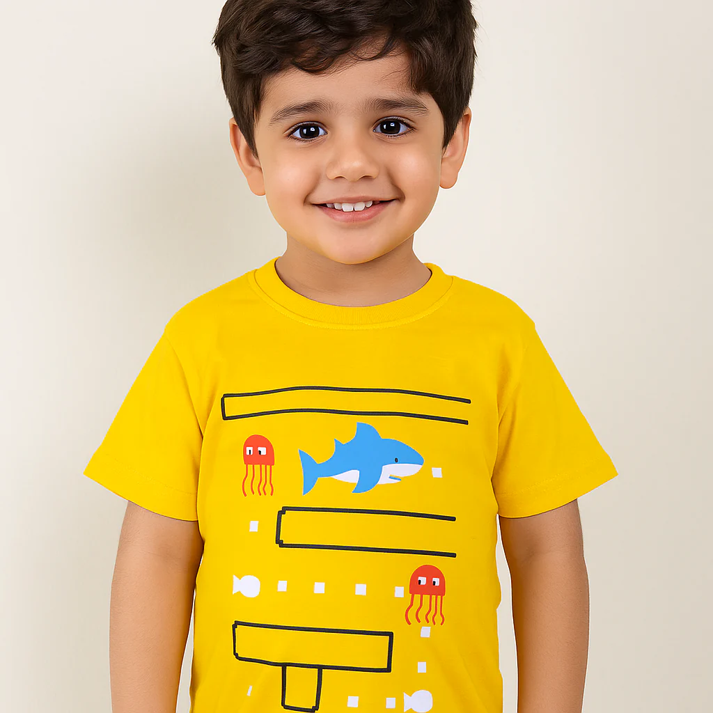 Kids Cotton T-Shirt Shark Yellow - Mini Champ