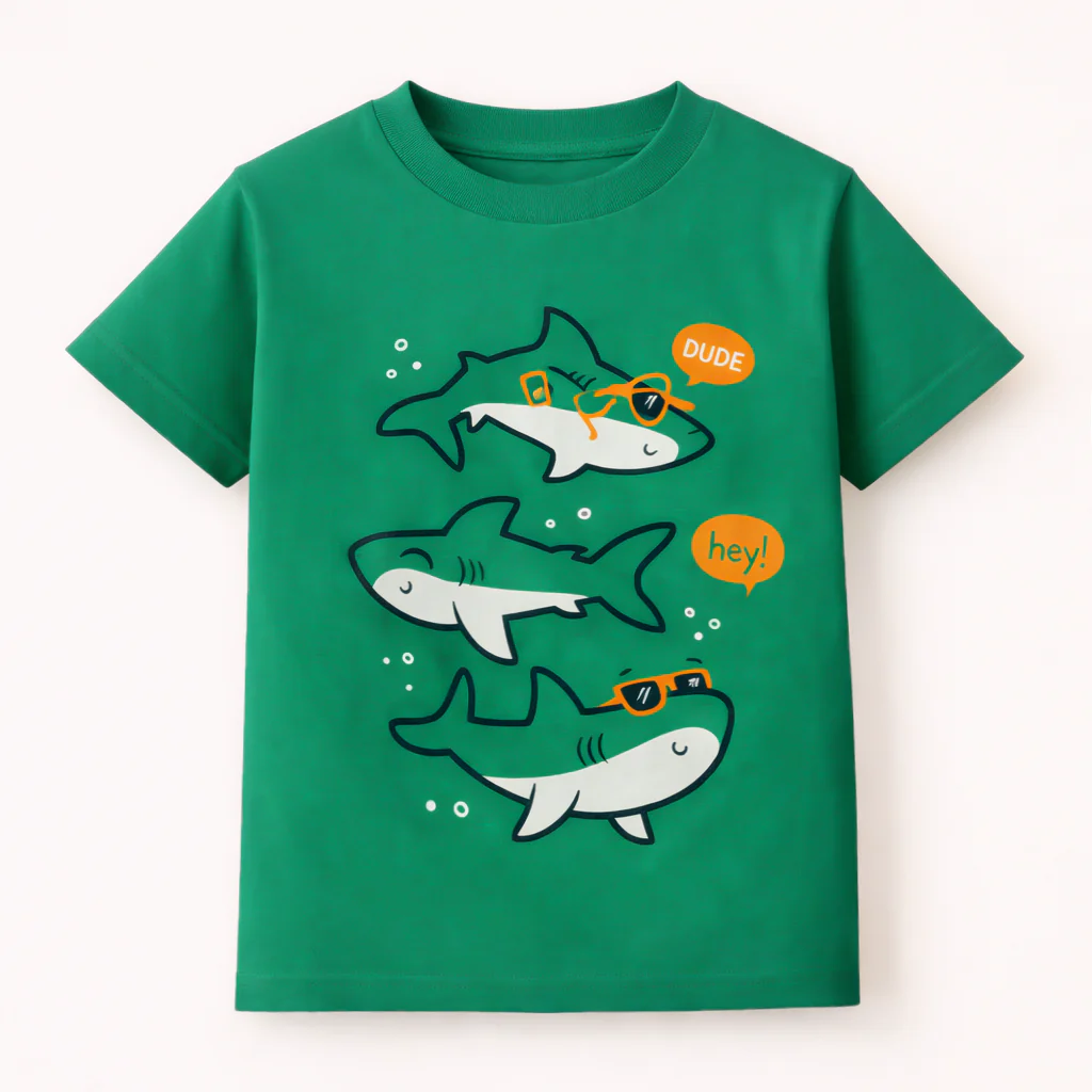 Kids Cotton T-Shirt Sharks Green - Mini Champ