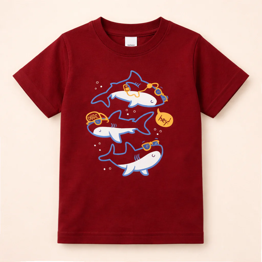 Kids Cotton T-Shirt Sharks Maroon - Mini Champ