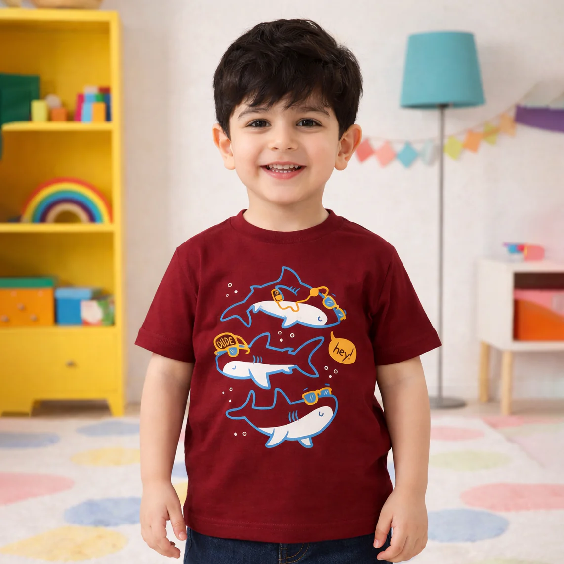 Kids Cotton T-Shirt Sharks Maroon - Mini Champ - Image 2