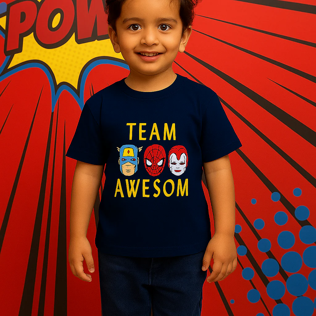 Kids Cotton T-Shirt Superheroes Navy Blue - Mini Champ