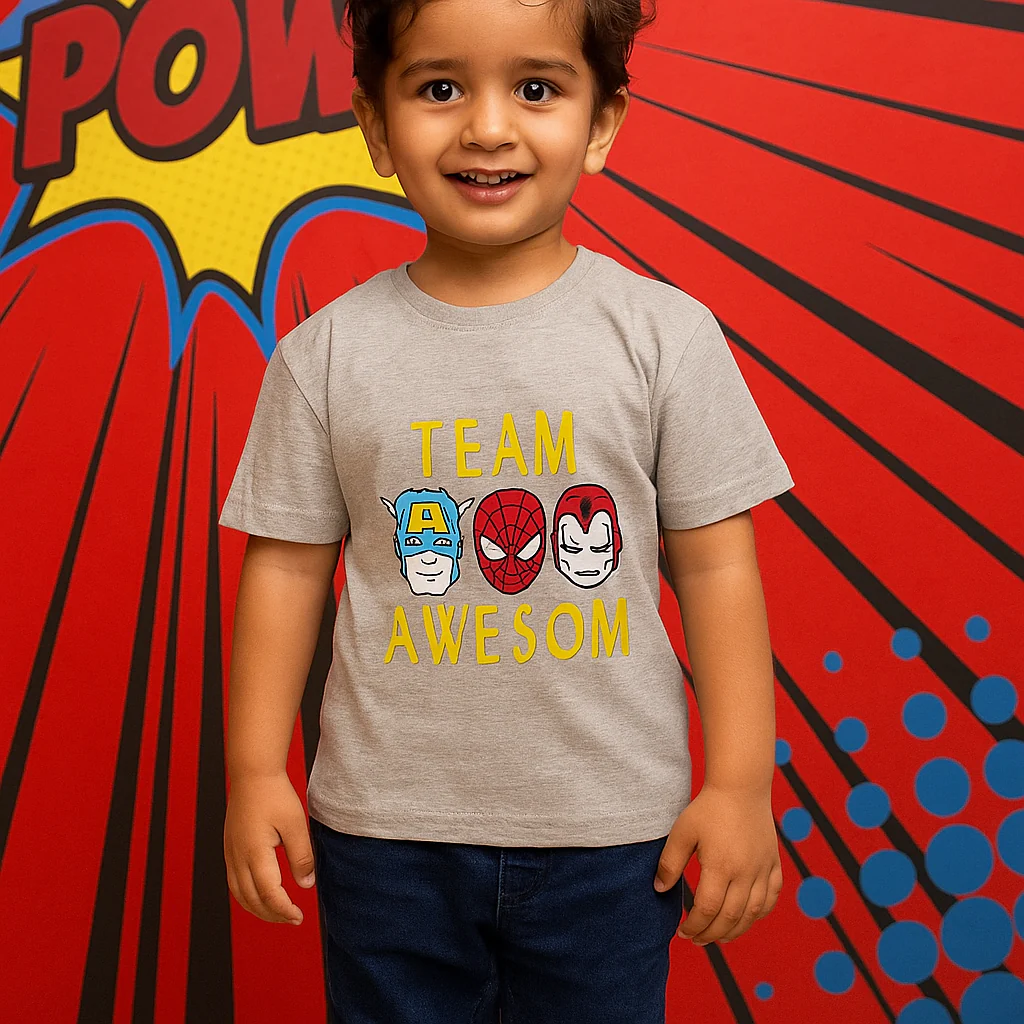 Kids Cotton T-Shirt Superheros Grey - Mini Champ
